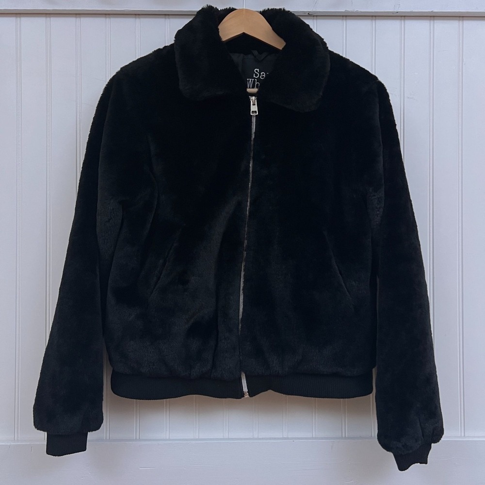 Say What Jacket Black Y2K Cozy Cabincore Mob Wife Faux Fur Bomber Pockets S